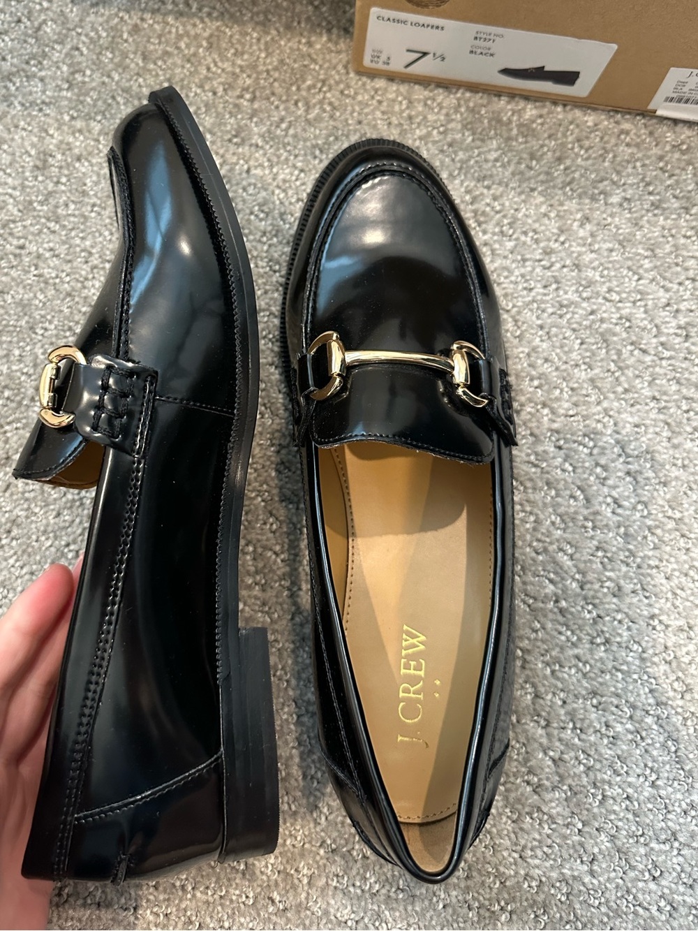 J. Crew Black Patent Leather Loafers with Gold Horsebit